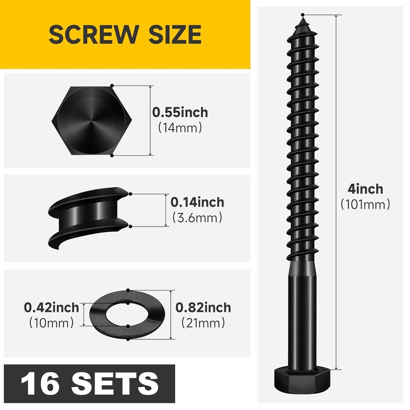 MYWISH (16Sets) 3/8" x 4" Hex Head Lag Bolts, Heavy Duty Lag Screws with Washers, 304 Stainless Steel Bolts 18-8, Lag Screws Wood Screws, Partial Thread Black Oxide, 3/8 Bolt by - Image 2